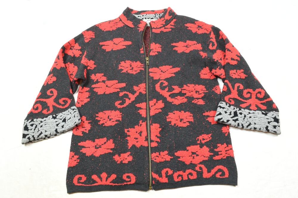 Rosie Neira Anthropologie Intarsia Sweater Jacket Womens Small Red Black Floral